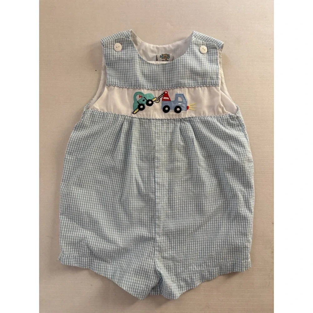 Vintage Baby Boy One Piece Romper Sz 24 Months Blue Checkered Tow Truck Car - Picture 4 of 6